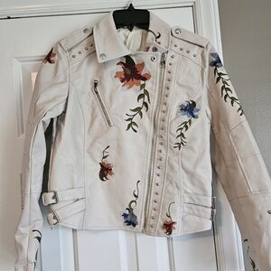 Cream leather embroidered Floral motorcycle JACKET - Size S